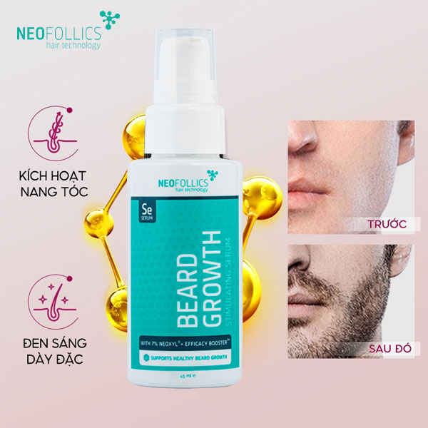 Serum mọc râu Neofollics chứa các dưỡng chất thiết yếu hỗ trợ kích thích râu mọc nhanh, rậm và chắc khỏe sau vài tháng sử dụng